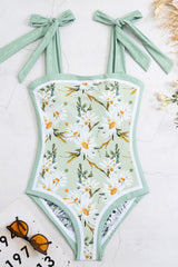Spring Green Floral Print Reversible Tie-Shoulder One Piece Swimsuit