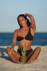 Crinkle One Shoulder High Waisted Bikini Set With Gold Shell Detail - Black