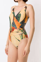 Tropical Leaf Print V-Neck Low Back One Piece Swimsuit