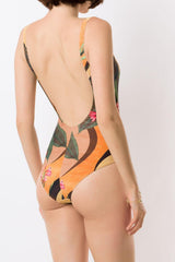 Tropical Leaf Print V-Neck Low Back One Piece Swimsuit