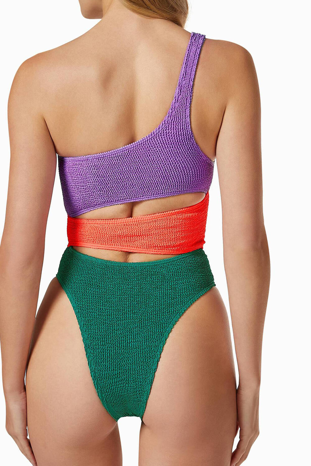 Crinkle Color Blocked One-Shoulder Cutout One Piece Swimsuit - Ultraviolet & Multi