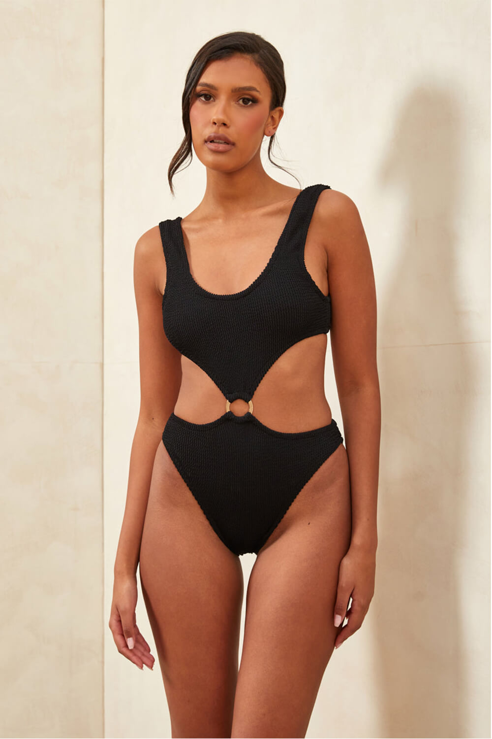 Crinkle Cut-Out Ring Middle One Piece Swimsuit -  Black