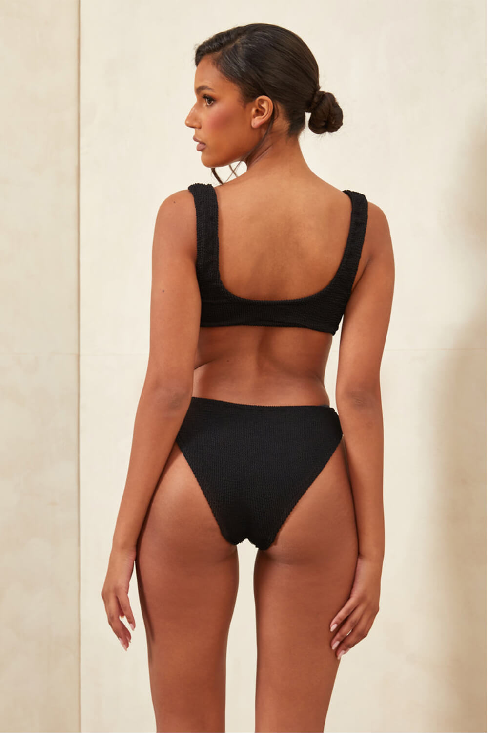 Crinkle Cut-Out Ring Middle One Piece Swimsuit -  Black