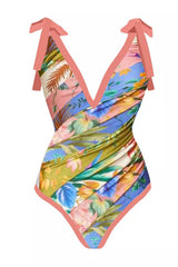 Floral Print Plunge Tie-Shoulder One Piece Swimsuit