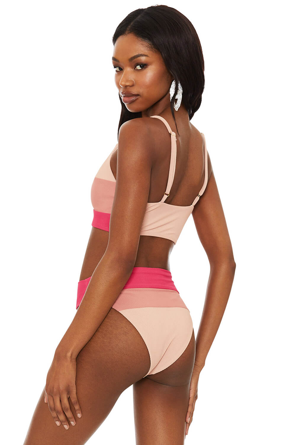 Rouge Color Block Ribbed V Neck Triangle High Waisted Bikini Set