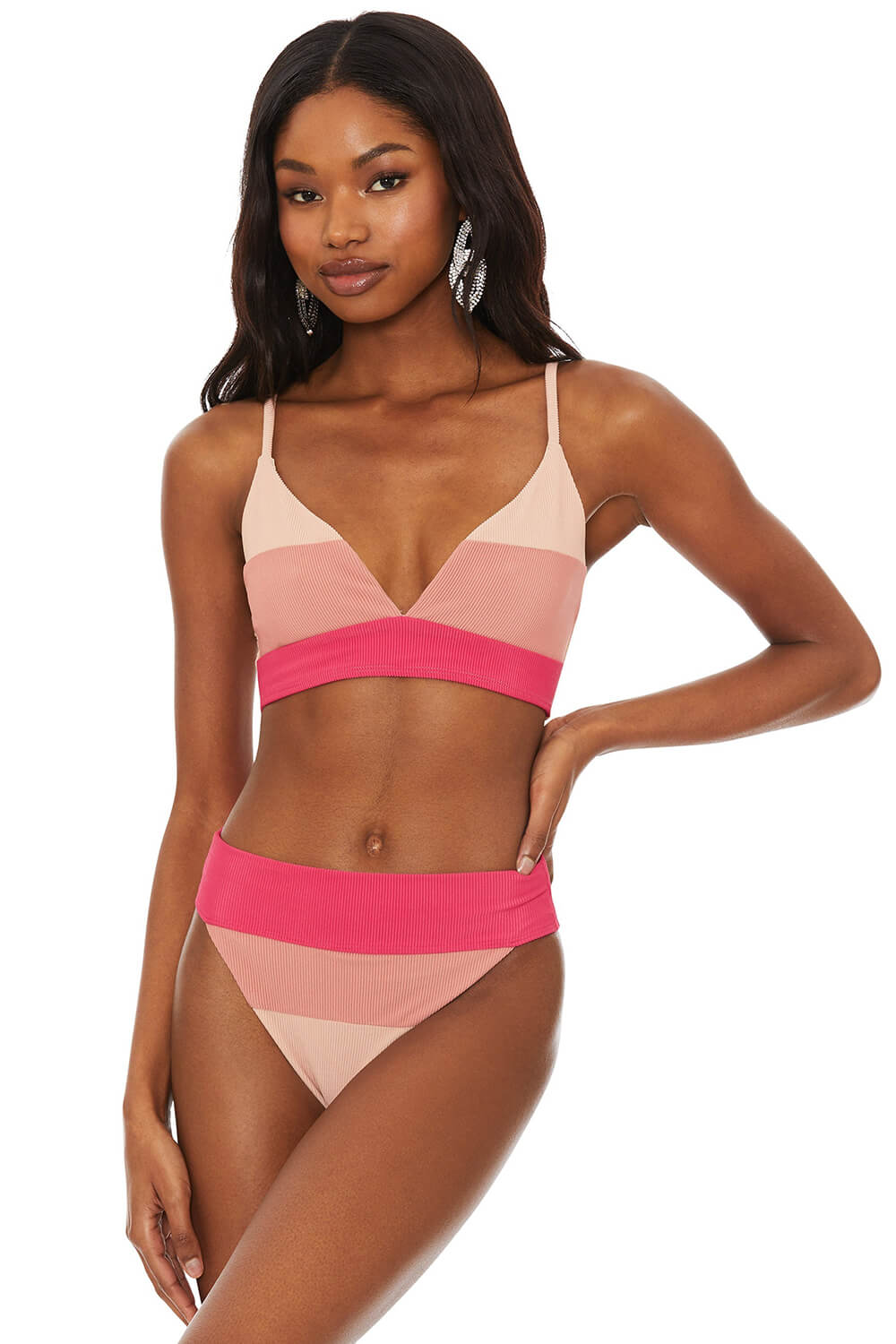 Rouge Color Block Ribbed V Neck Triangle High Waisted Bikini Set