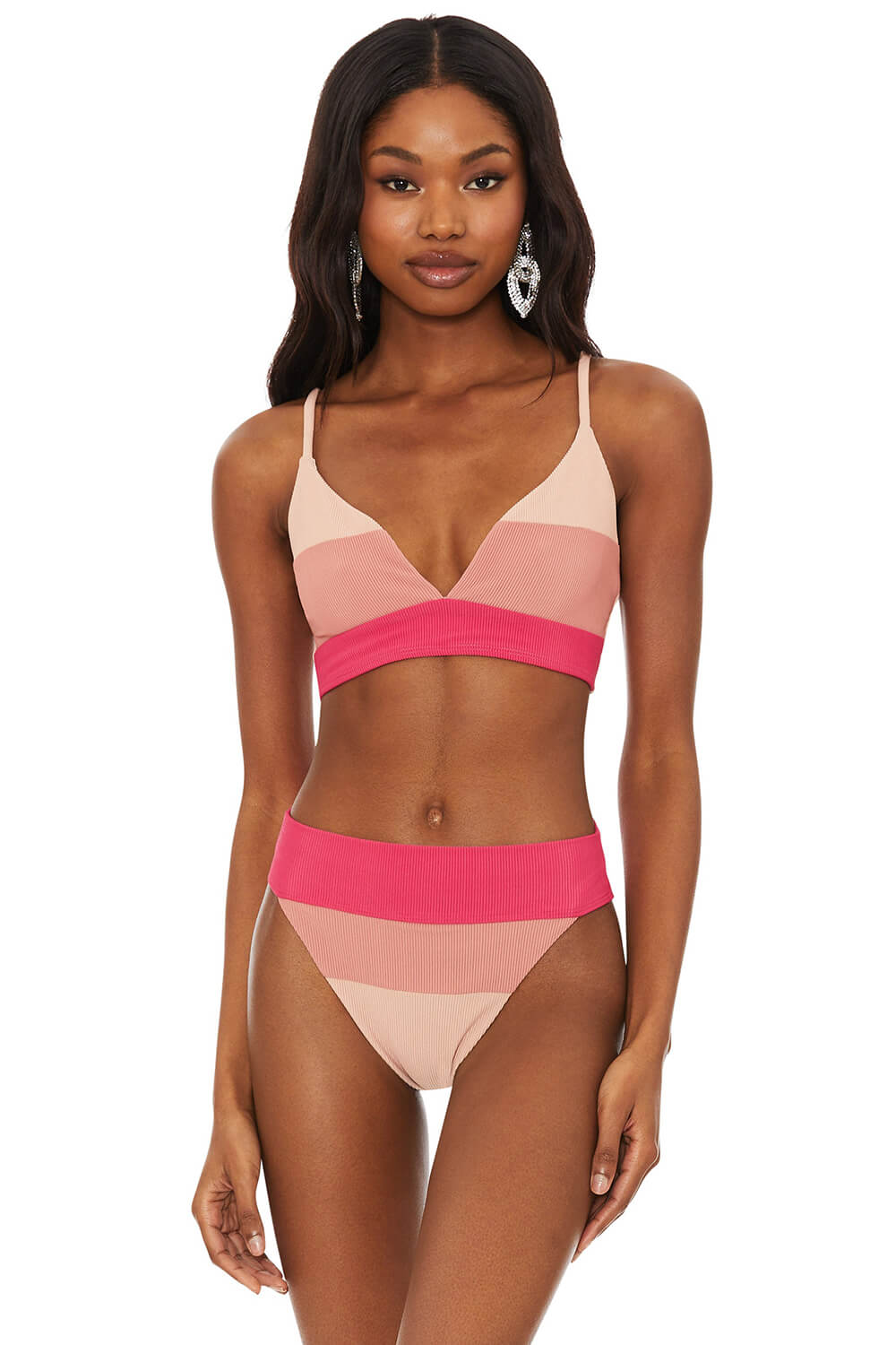 Rouge Color Block Ribbed V Neck Triangle High Waisted Bikini Set
