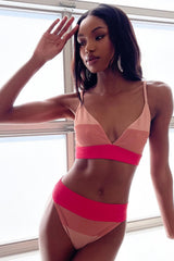 Rouge Color Block Ribbed V Neck Triangle High Waisted Bikini Set