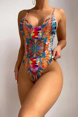 Feather Printed V Neck High Leg Open Back One Piece Swimsuit