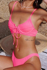 Hot Pink Ribbed Underwired Lace Up Bikini Set
