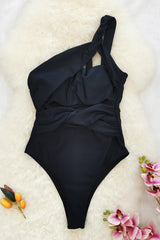 Black One Shoulder Twist-Front Cut-Out One-Piece Swimsuit