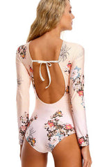 Vintage Floral Print High Neeck Long Sleeve One Piece Swimsuit