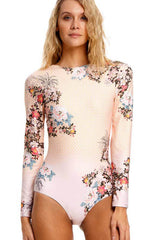 Vintage Floral Print High Neeck Long Sleeve One Piece Swimsuit