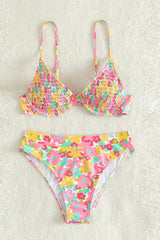 Flower Print Crinkle Balconette Underwire High Waisted Bikini Set