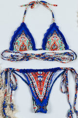 Royal Blue Print Triangle Wrap Tie Bikini Set With Frill Detailing