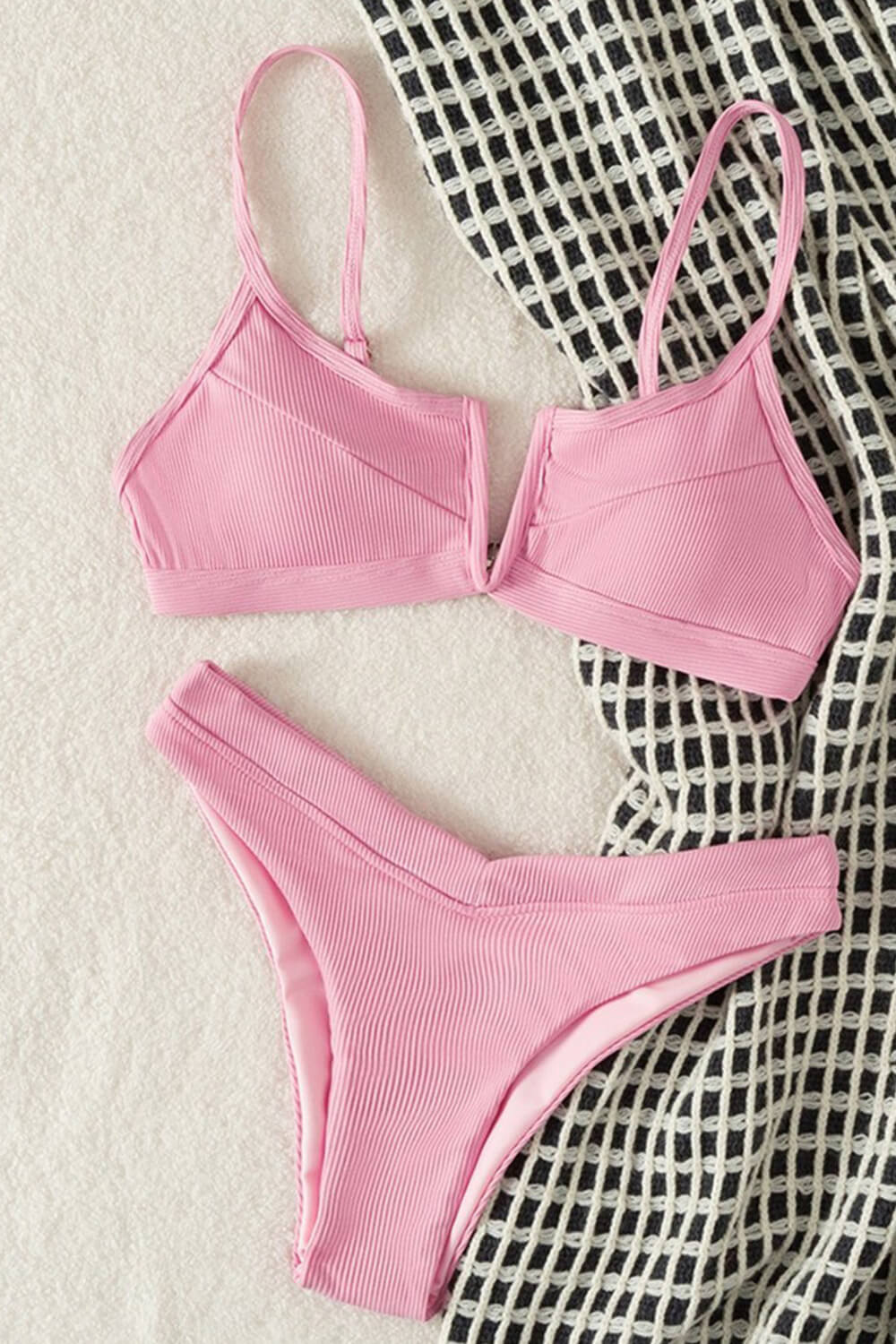 Rib V Wire V Cut High Leg  Bikini Set