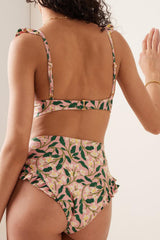 Ruffled Floral-Print Underwire High-Wasit Bikini Set - Green And White Flowers