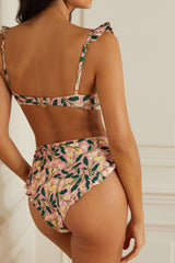 Ruffled Floral-Print Underwire High-Wasit Bikini Set - Green And White Flowers