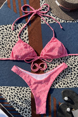 Hot Pink Floral Terry Towel Tie Front Triangle Halter Bikini Top