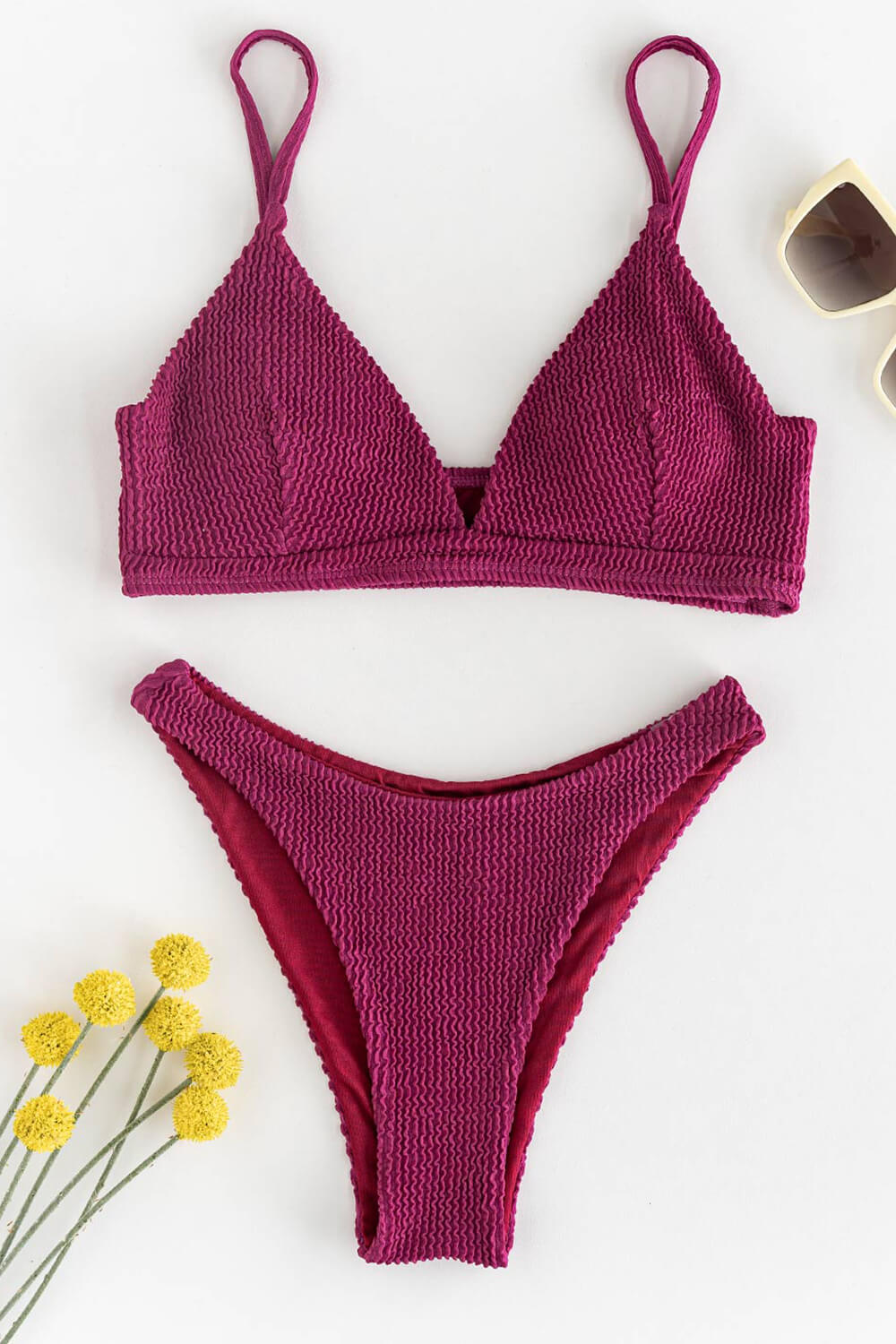 Crinkle V-Neck Bralette High-Cut Bikini Set