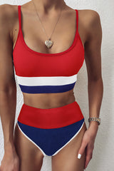 Colorblock Rib Sporty High-Waist Bikini Set - Red&White&Blue