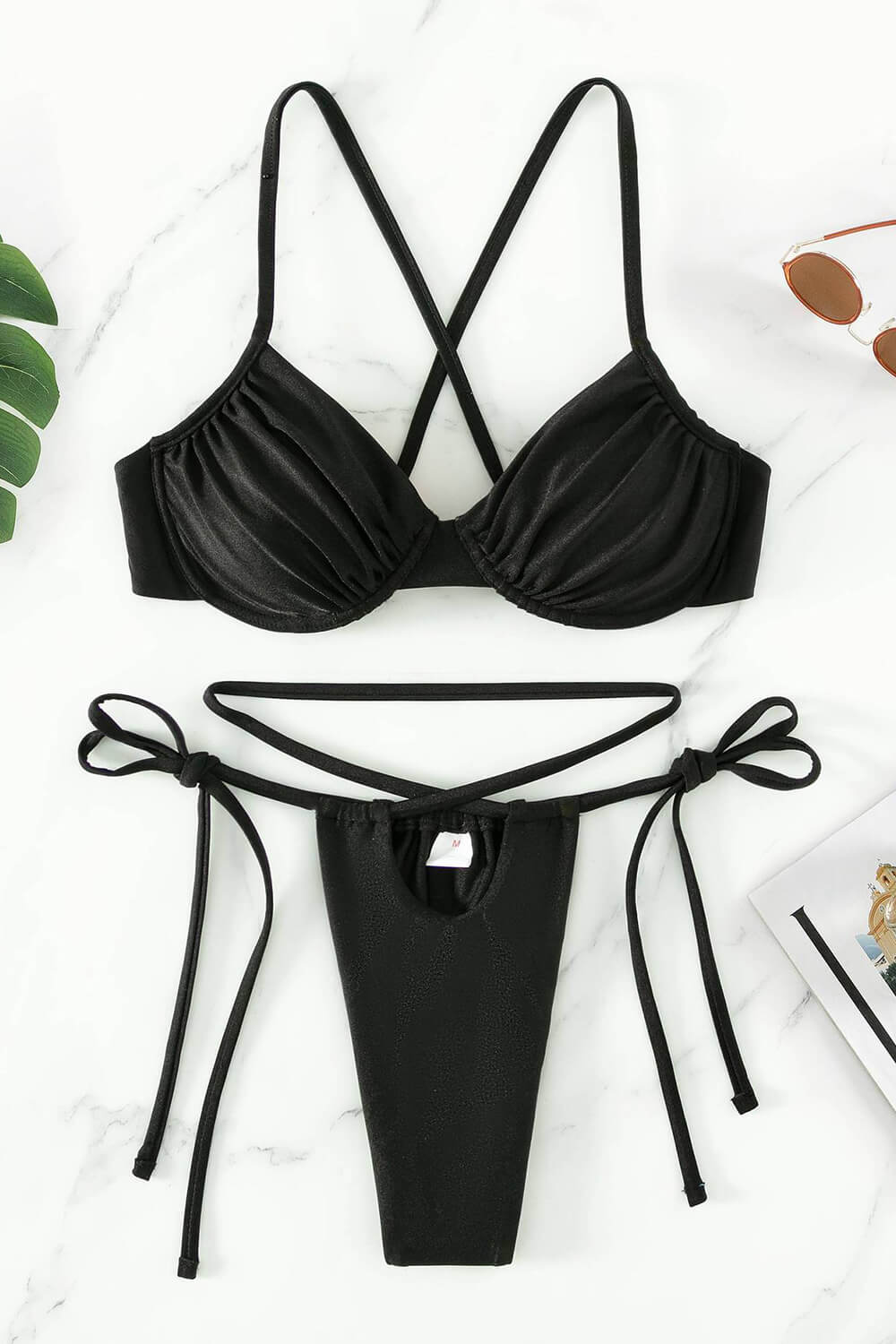 Ruched Balconette Underwire Tie Side Thong Bikini Set