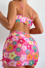 Floral Shell Cupped Underwire Bikini Set With Lace Up Sarong Mini Skirt