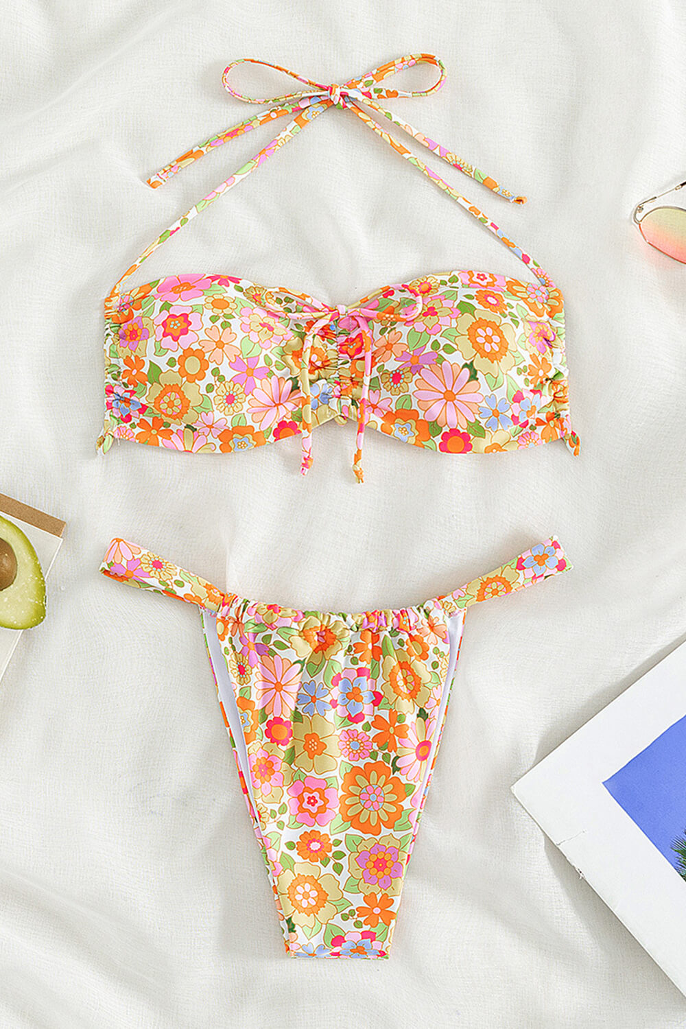 Floral Adjustable Bandeau Halter Bikini Set