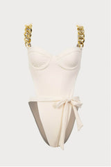 Underwire Wrap Around Gold Chain One Piece Swimsuit - Black/Cream