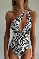 Zebra Print Cut Out One-Shoulder One-Piece Swimsuit