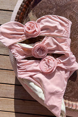 Rose Applique Strapless Cut-Out One Piece Swimsuit