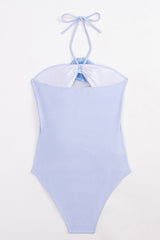 Rose Applique Halter Neck Cut-Out One Piece Swimsuit