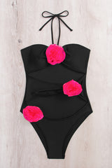 Rose Applique Halter Neck Cut-Out One Piece Swimsuit - Black & Hot Pink