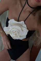 Rosette Halter Neck Cut-Out One Piece Swimsuit