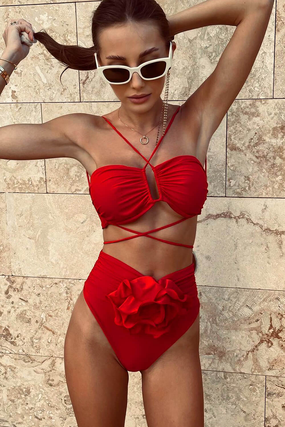 3D Flower Applique Crisscross Bandeau Wrap Tie High Waisted Bikini Set