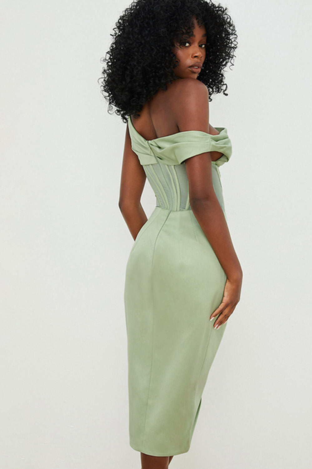 Pistachio Green Asymmetric Mesh Corset One Piece Swimsuit