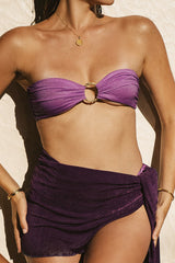 Shimmer Bandeau Tie Side Bikini Set With O-Ring Detail - Violet