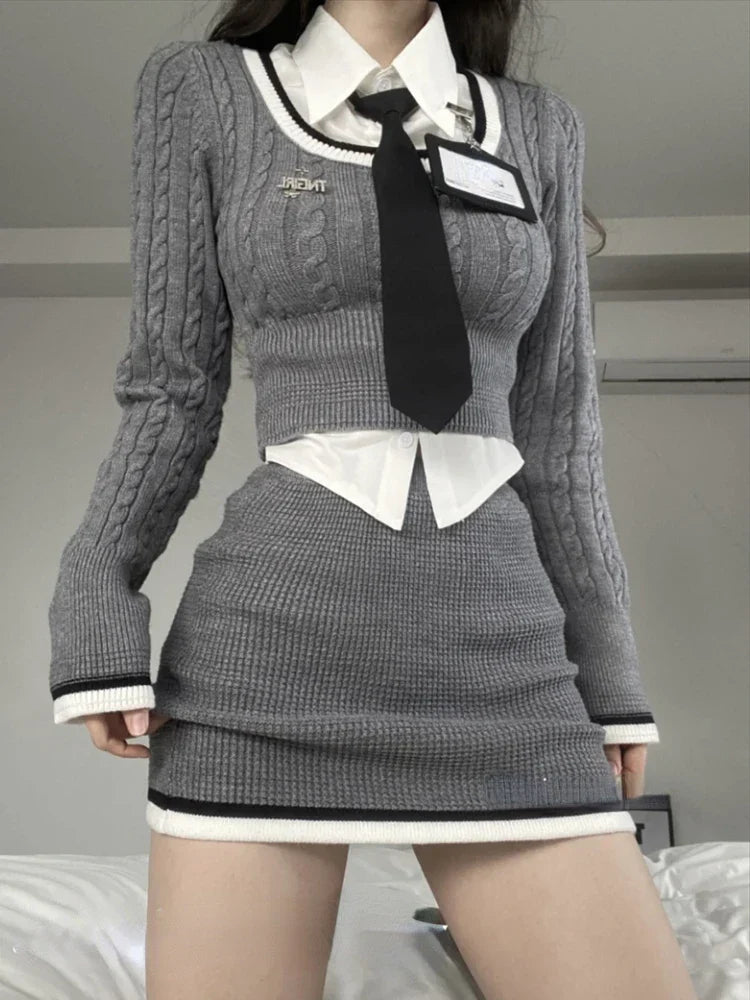 Korean Style Aesthetic Set - Top, Shirt & Skirt