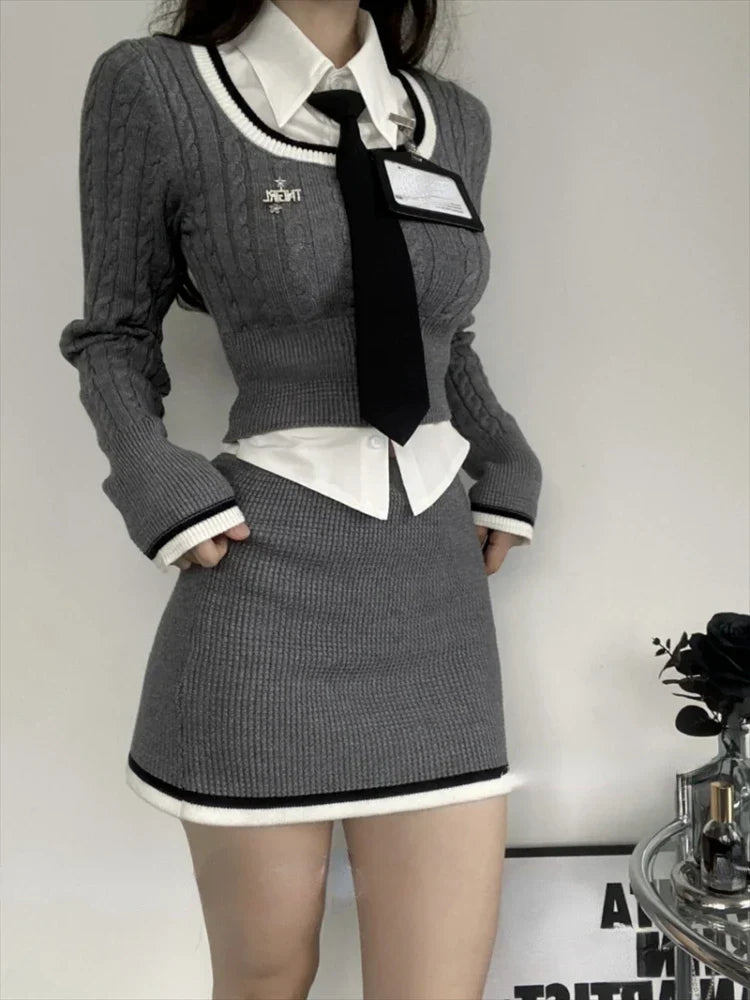Korean Style Aesthetic Set - Top, Shirt & Skirt