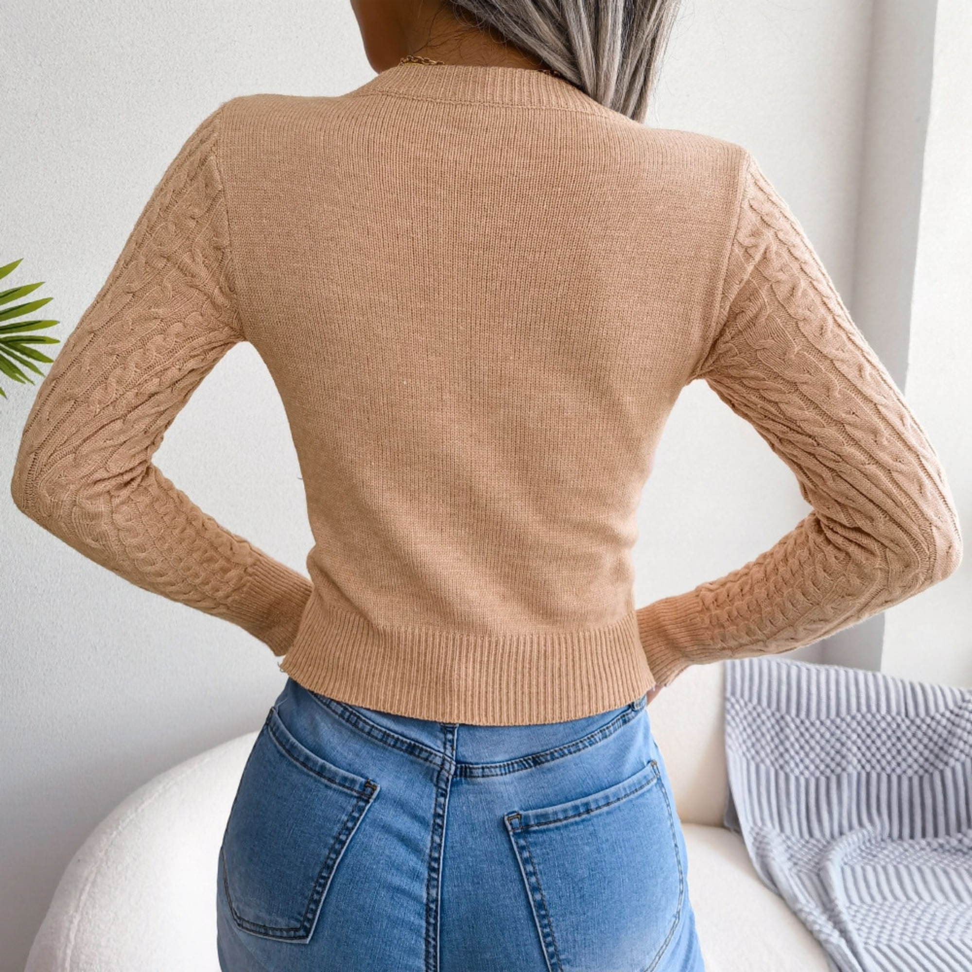 Zahra - Beige Cutout Knitted Slim Fit Top