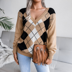 Lunetta - Beige Argyle Knitted V-Neck Sweater Top