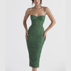 Nadine - Green Lace Corset Midi Dress
