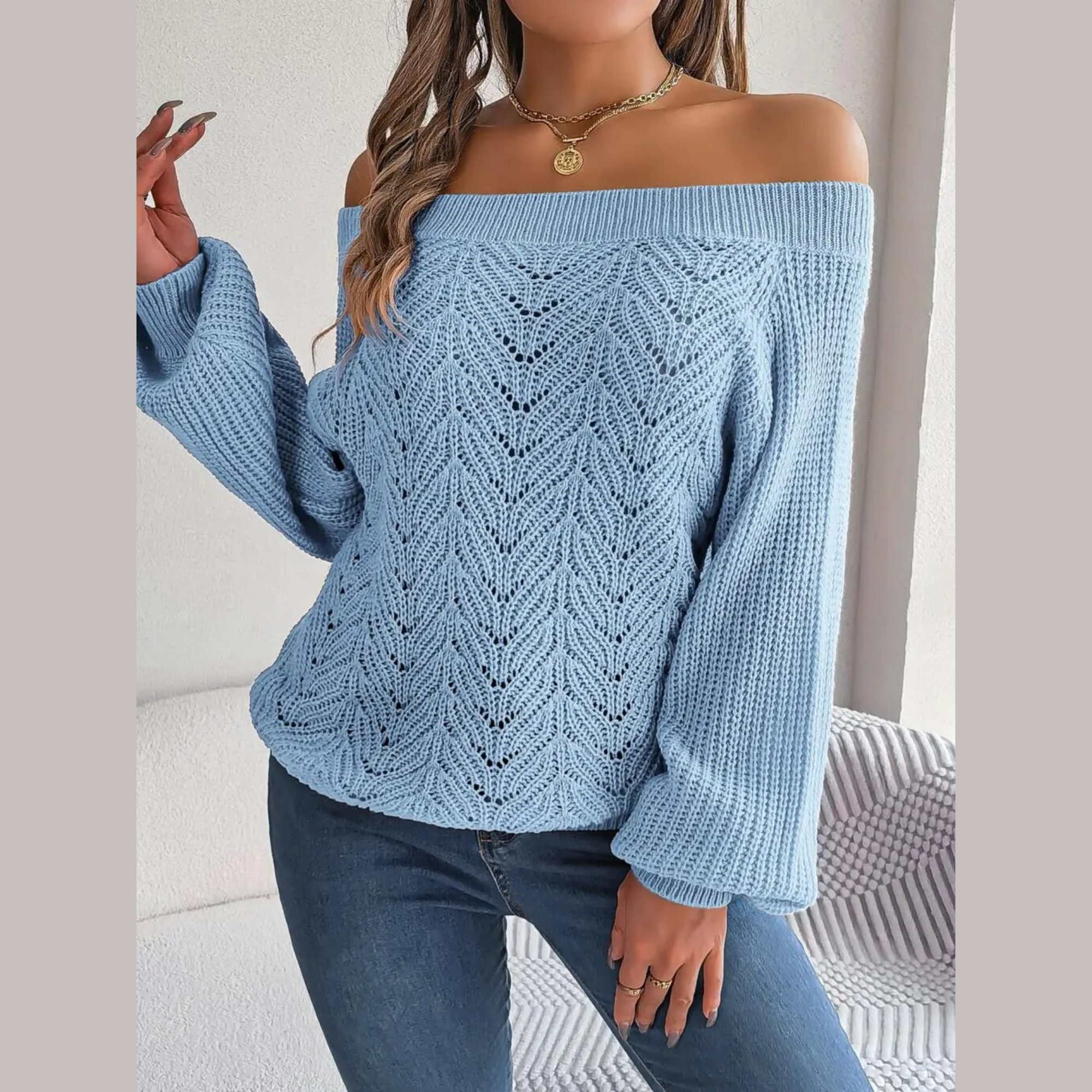 Loni - Blue Knitted Off The Shoulder Sweater Top