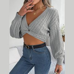 Mia - Gray Knotted V Neck Cropped Sweater Top