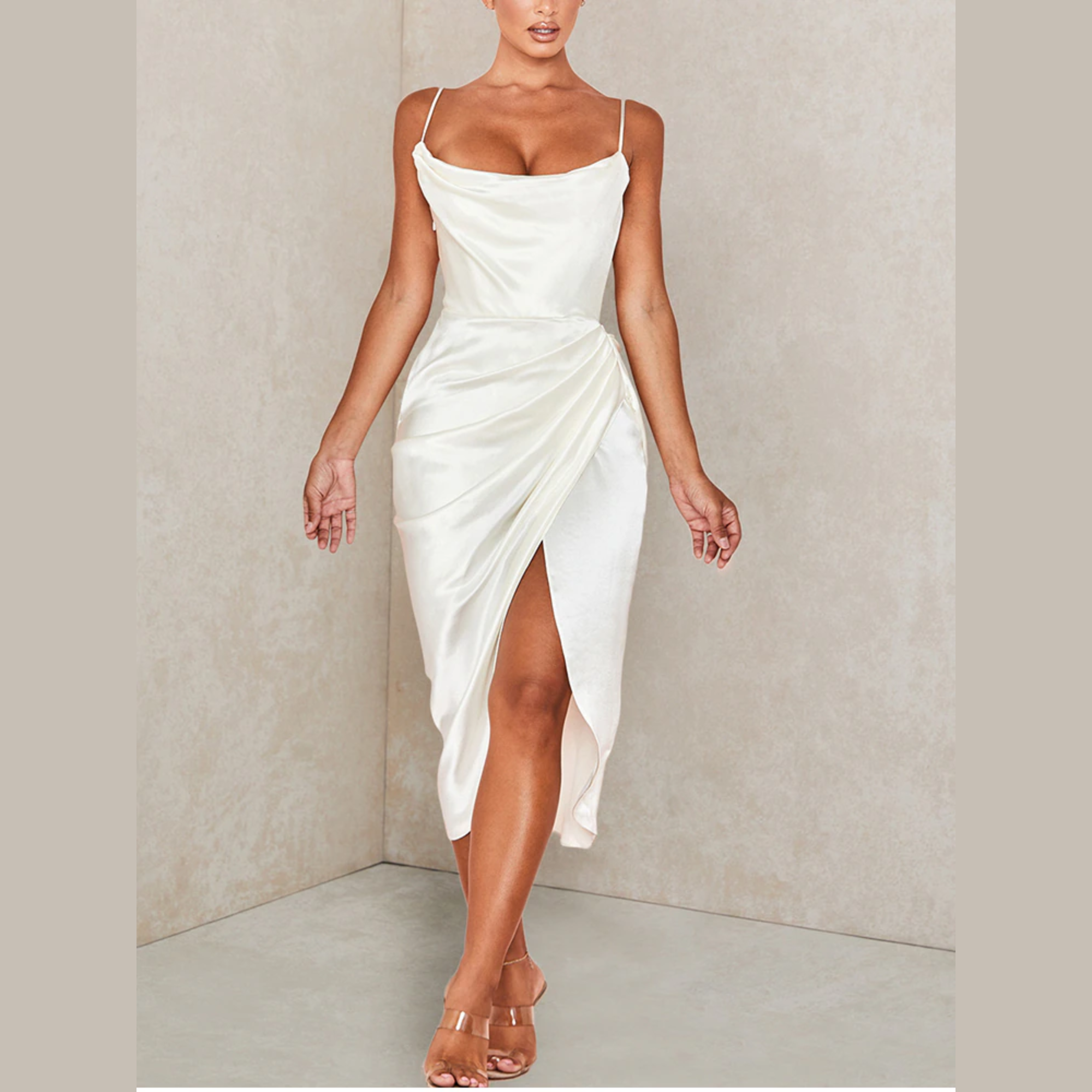 Tammy - White Satin Draped Split Midi Dress