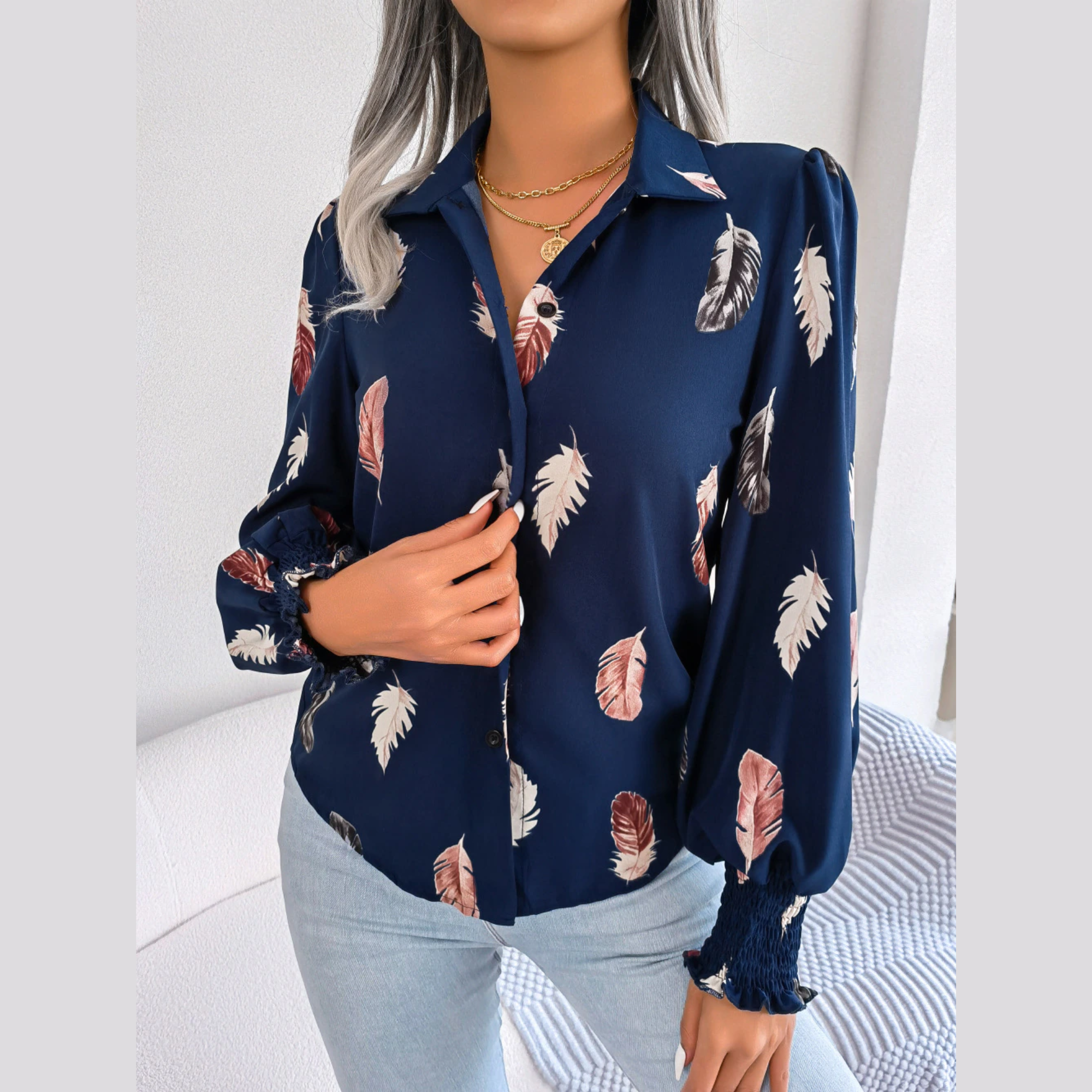 Brie - Blue Leaf Print Lantern Blouse
