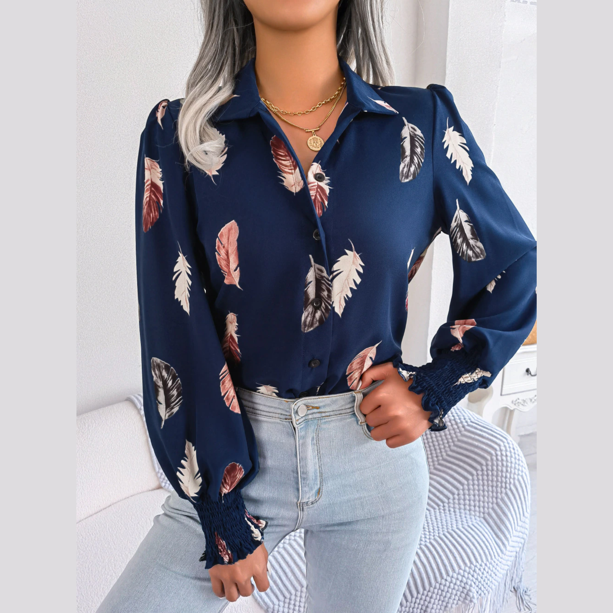Brie - Blue Leaf Print Lantern Blouse