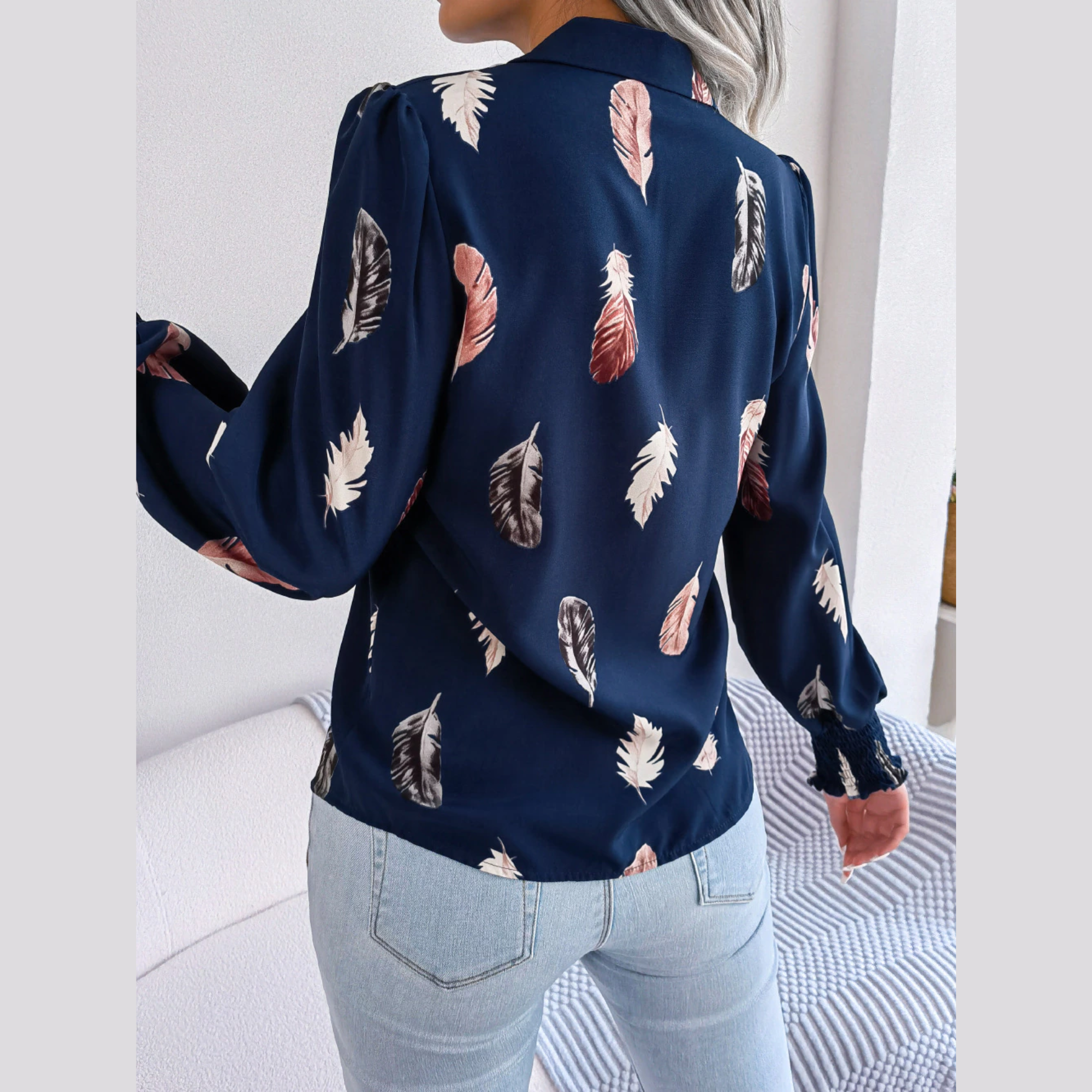 Brie - Blue Leaf Print Lantern Blouse
