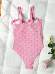 Crinkle Knot Front Ruffled Strapless One Piece Swimsuit - Baby Pink