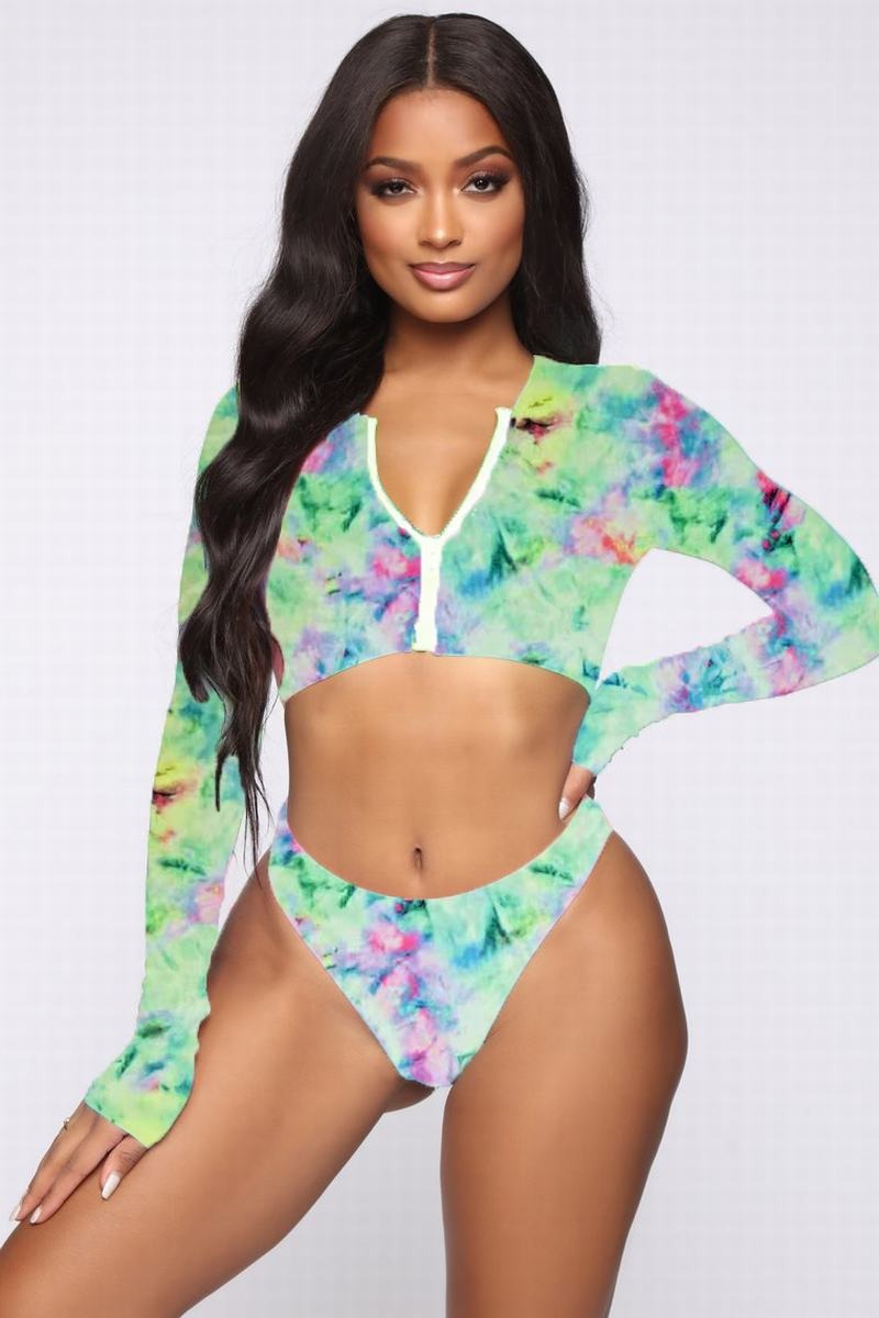 Colorblock Crew Neck Long Sleeve Crop Crisscross Strappy Surf Set